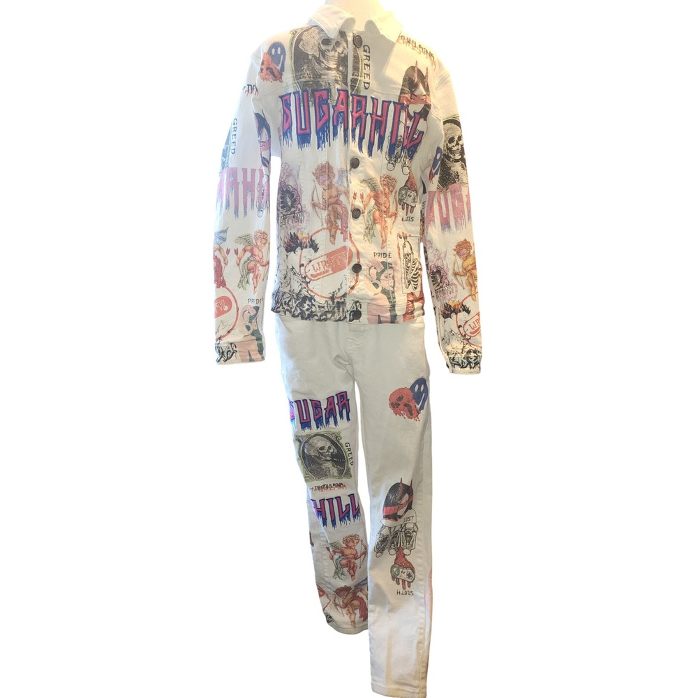 Sugarhill Pick Your Poison Mens Denim Set White Graphic Jacket Sz M Pant Sz 32
